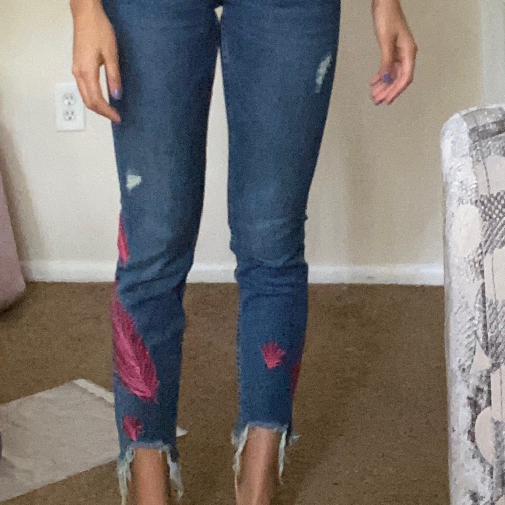 Pink Feather Embroidered Jeans by Dex